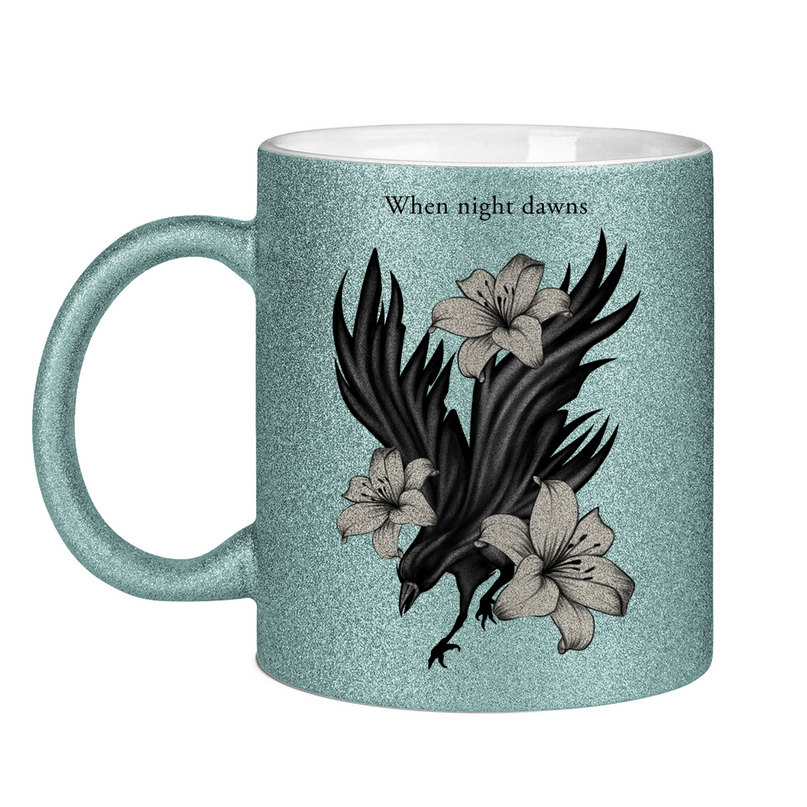 Glitzertasse – Rabe und Lilien