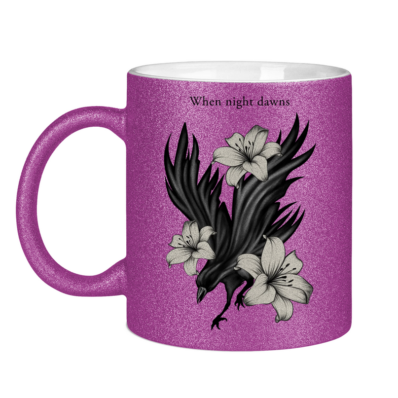 Glitzertasse – Rabe und Lilien