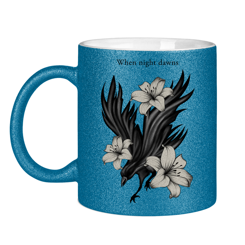 Glitzertasse – Rabe und Lilien