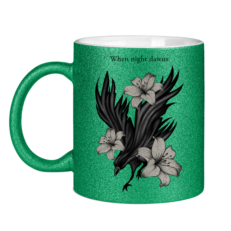 Glitzertasse – Rabe und Lilien