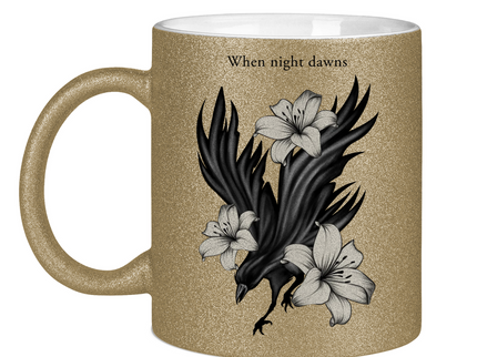 Glitzertasse – Rabe und Lilien
