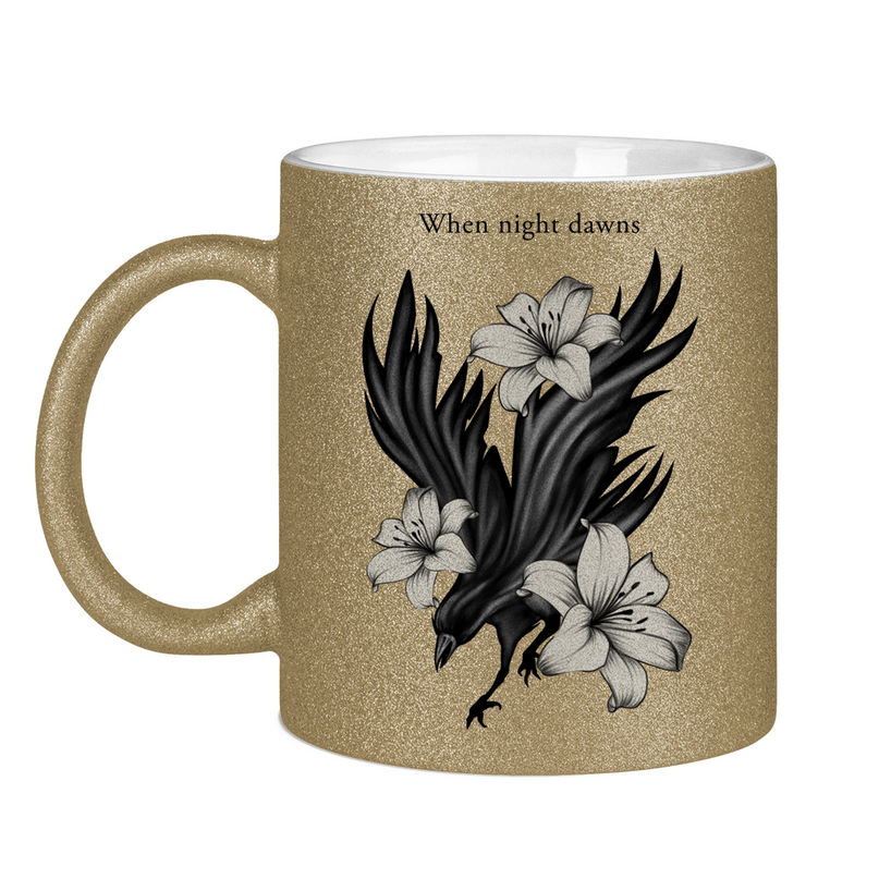 Glitzertasse – Rabe und Lilien