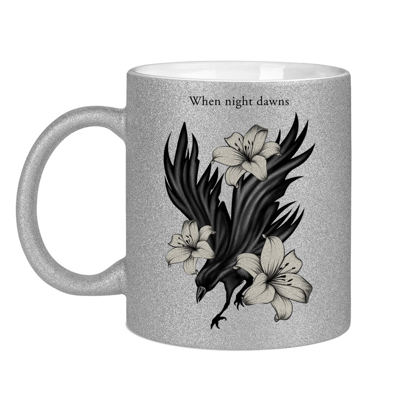 Glitzertasse – Rabe und Lilien