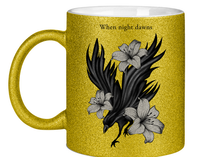 Glitzertasse – Rabe und Lilien