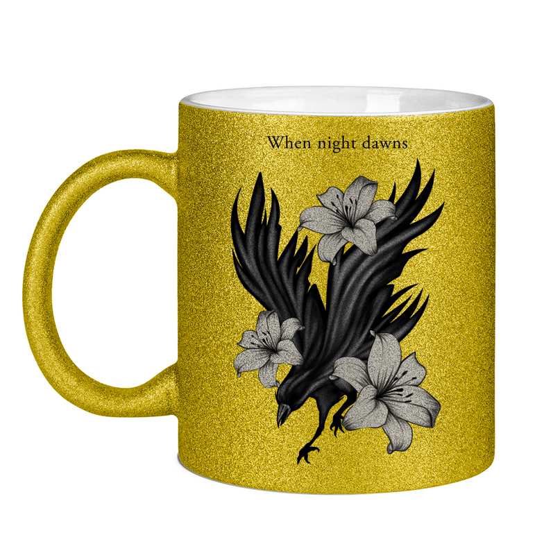 Glitzertasse – Rabe und Lilien