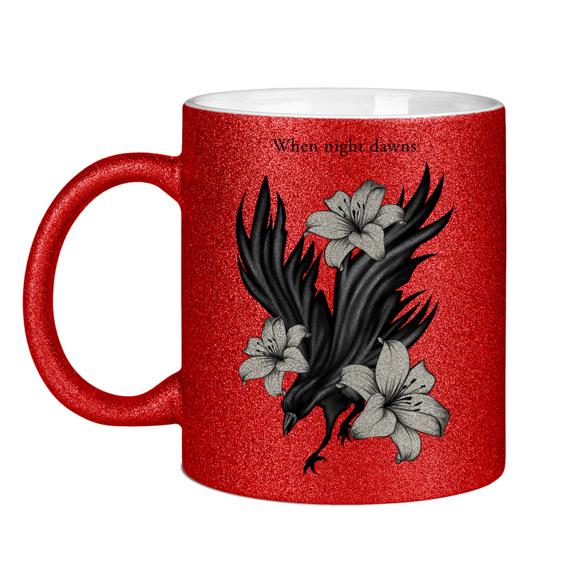 Glitzertasse – Rabe und Lilien